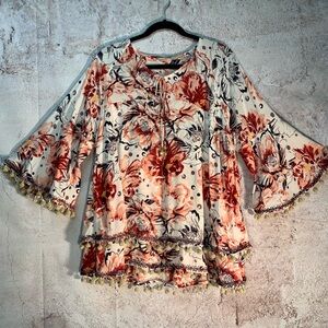 Soft Surroundings Red and Cream Floral Pom Blouse
